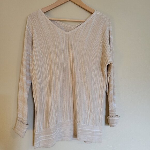 Chico's Beige Striped V-neck Long-sleeve Sweater Blouse - sz 2/Large/12 - Picture 1 of 5